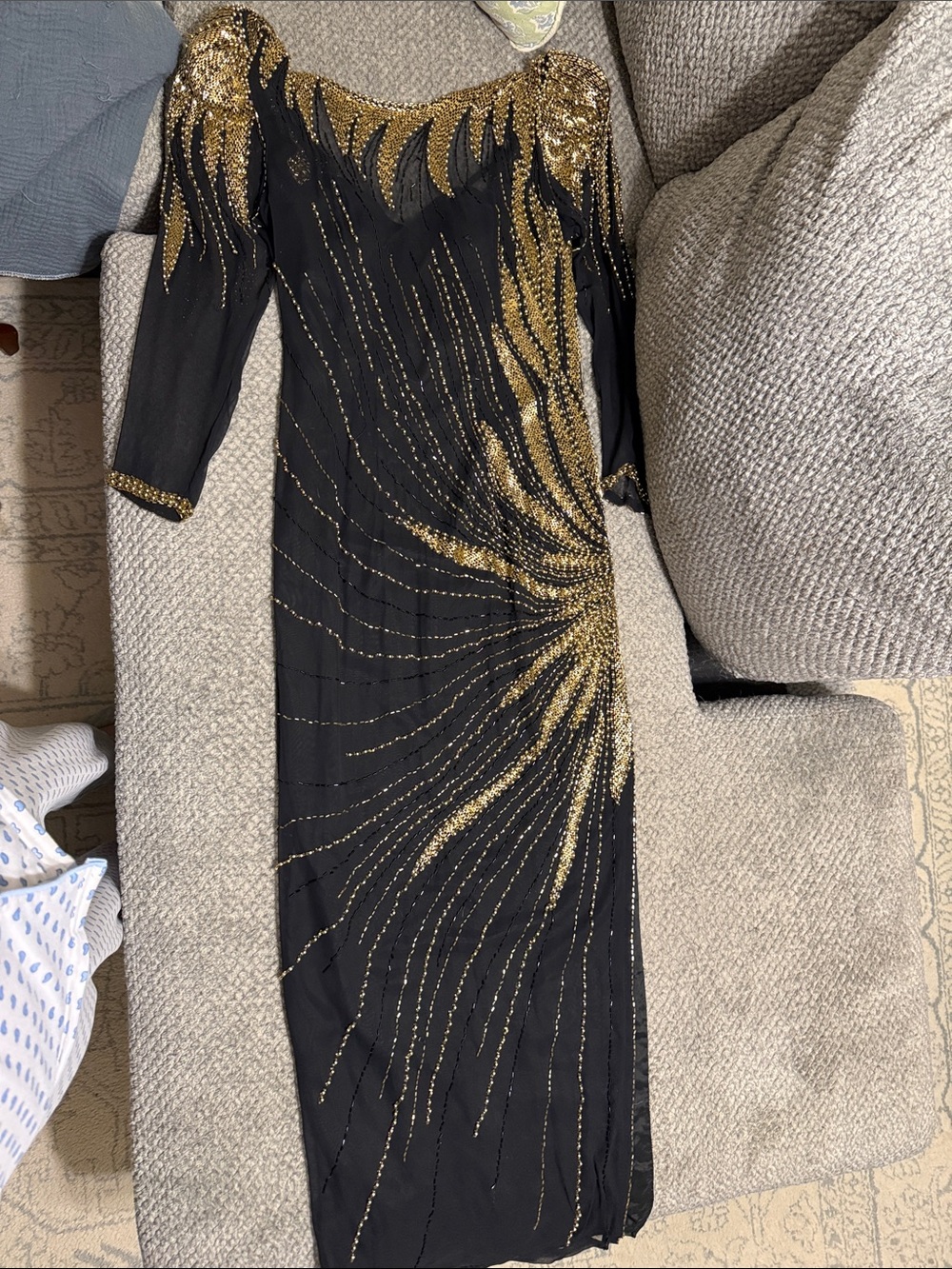 Vintage JK Laing Black Long Sleeve Evening Gown with Gold Sequin Burst 100% silk